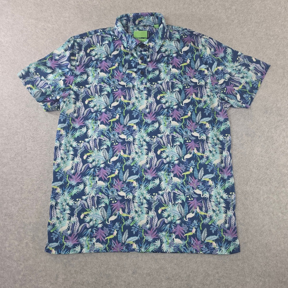 Construct Eight O Three Mens XL Tropical Bird Print Polo Shirt Blue Classic Fit